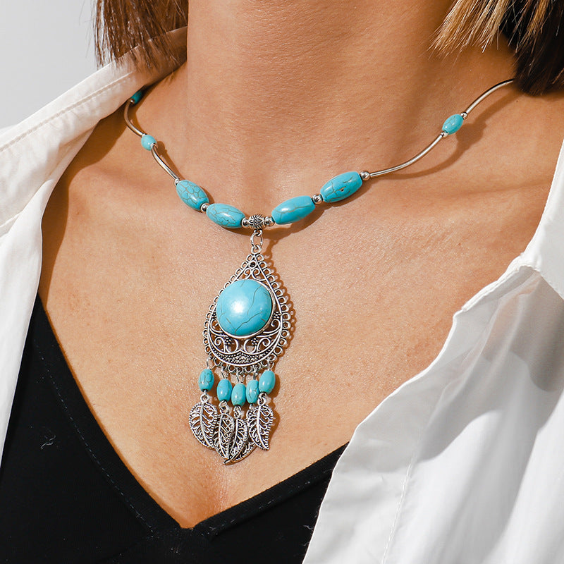 Wholesale Vintage Alloy Ethnic Style Turquoise Pendant Leaf Tassel Turquoise Necklace